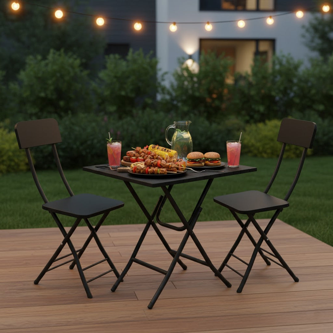 SOGA Home & Living Bundle – Black Folding Dining Table & 2 Foldable Chairs for Home Decor
