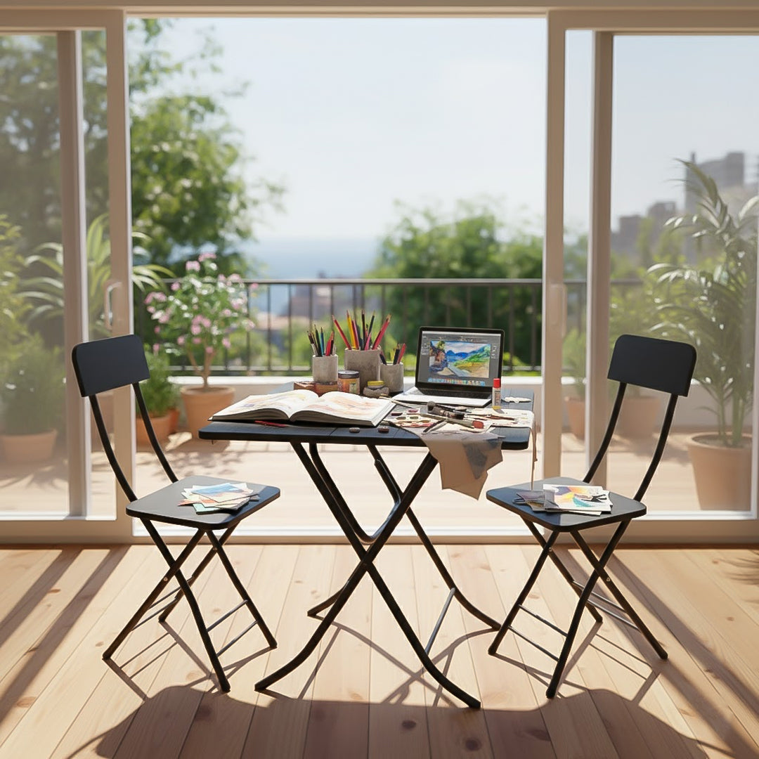 SOGA Home & Living Bundle – Black Folding Dining Table & 2 Foldable Chairs for Home Decor
