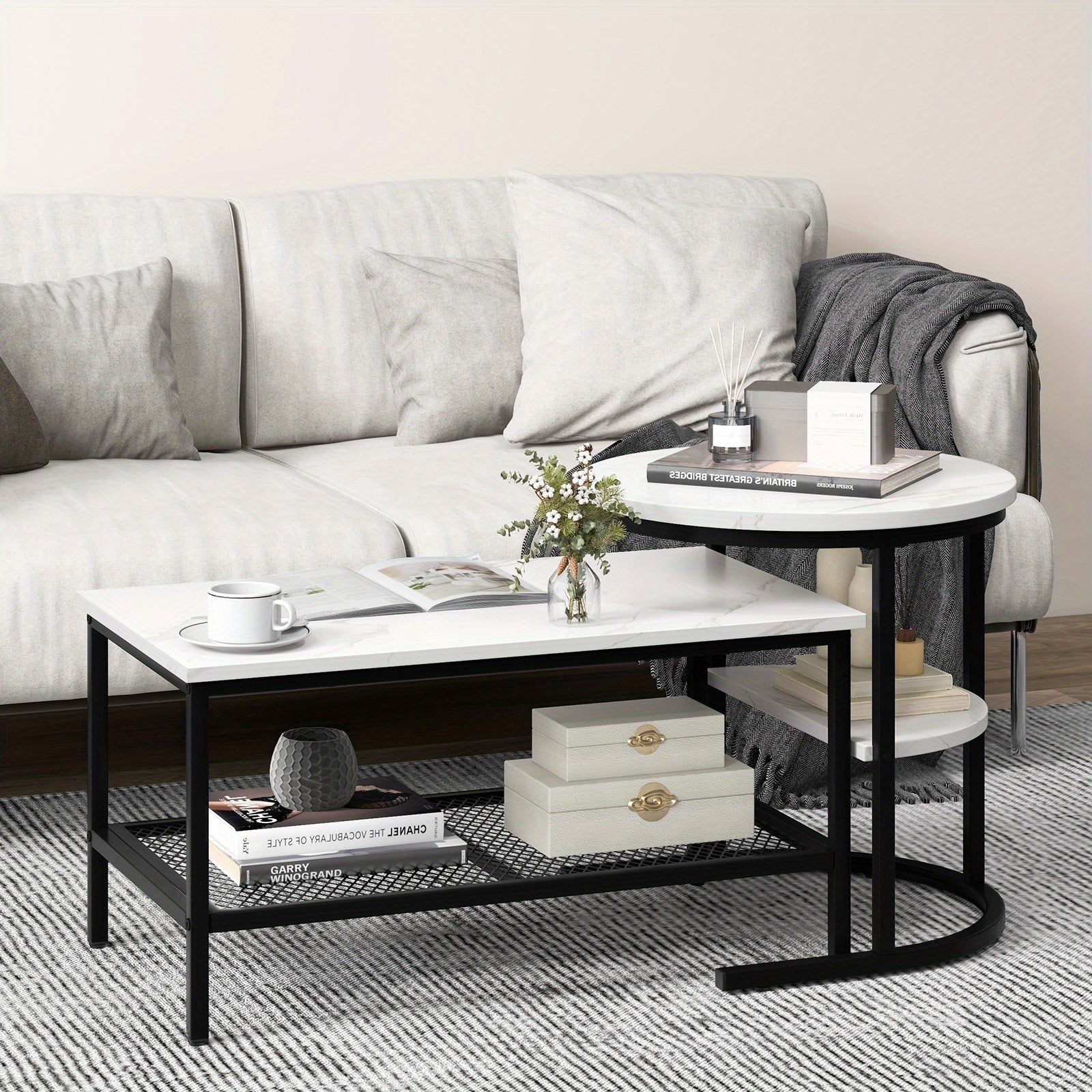 2x Nesting Coffee Table Set - White Faux Marble Top
