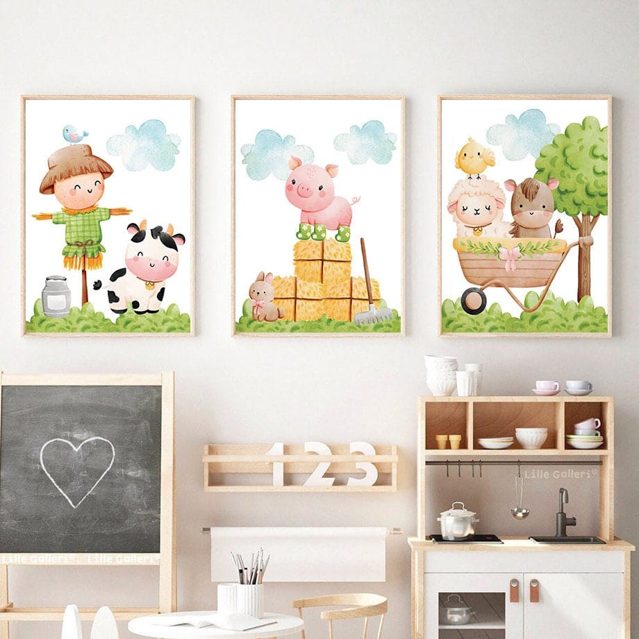 Poster Kinderzimmer Bauernhof süße Tiere Bauer Vogelscheuche · Kinderzimmer Bilder · Wand Deko · Kunst Druck · Deko Print · ohne Rahmen