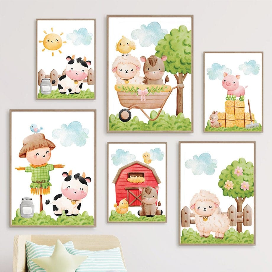 Poster Kinderzimmer Bauernhof süße Tiere Bauer Vogelscheuche · Kinderzimmer Bilder · Wand Deko · Kunst Druck · Deko Print · ohne Rahmen