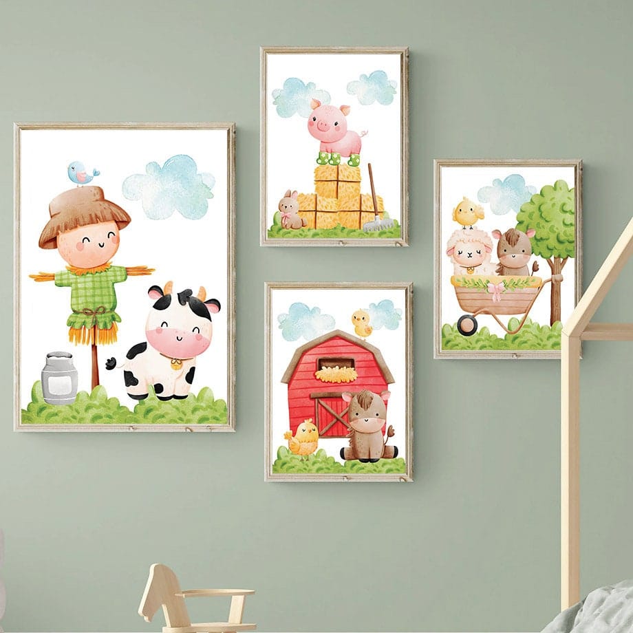 Poster Kinderzimmer Bauernhof süße Tiere Bauer Vogelscheuche · Kinderzimmer Bilder · Wand Deko · Kunst Druck · Deko Print · ohne Rahmen