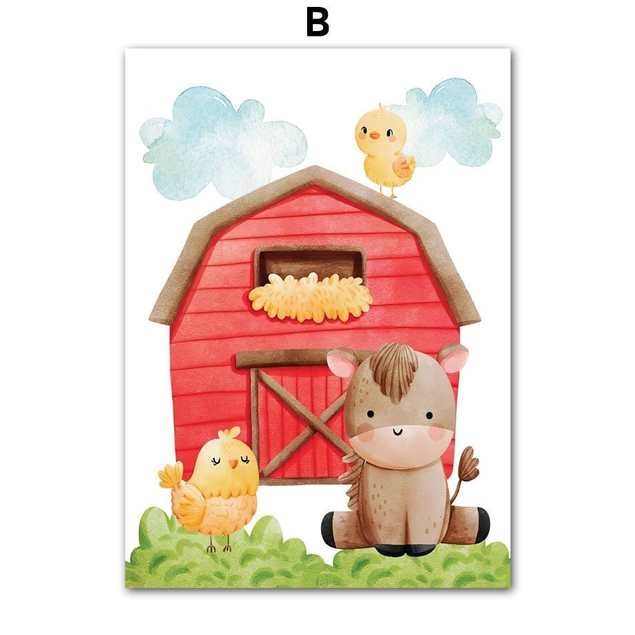Poster Kinderzimmer Bauernhof süße Tiere Bauer Vogelscheuche · Kinderzimmer Bilder · Wand Deko · Kunst Druck · Deko Print · ohne Rahmen